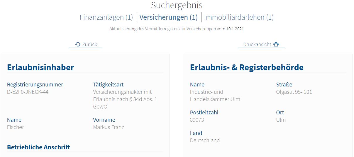 Vermittlerregister Ergebnis